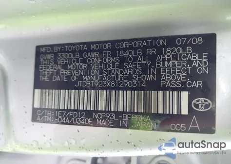 2008 Toyota Yaris from USA, damaged, VIN JTDBT923X81290314